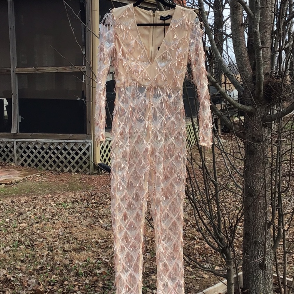 PrettyLittleThing Rose Gold Tassel Sequin Sheer Mesh Plunge Long Sleeve Jumpsuit